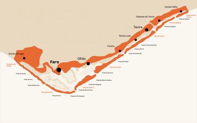 Map of Ria Formosa Natural Park showing barrier islands and access points from Faro to Cacela Velha