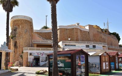 Forte de Santa Catarina's stone walls and round tower with palm trees and tour booking kiosks at the base