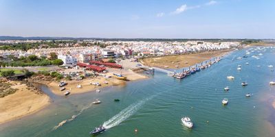 Cabanas de Tavira waterfront with views across the Ria Formosa lagoon to the barrier island