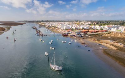 Aerial view of Santa Luzia showing the fishing harbour and Ria Formosa lagoon